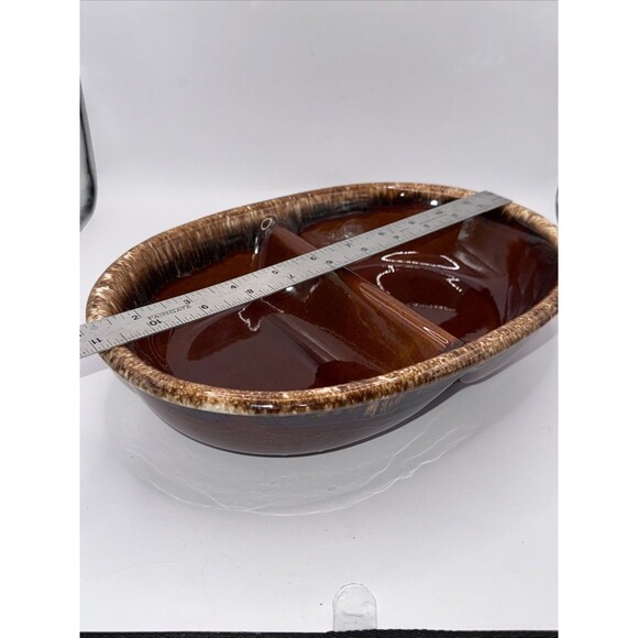 Vintage H.P. Hull USA Brown Drip Pottery Divided Casserole Dish Oven Proof EUC - Picture 8 of 8